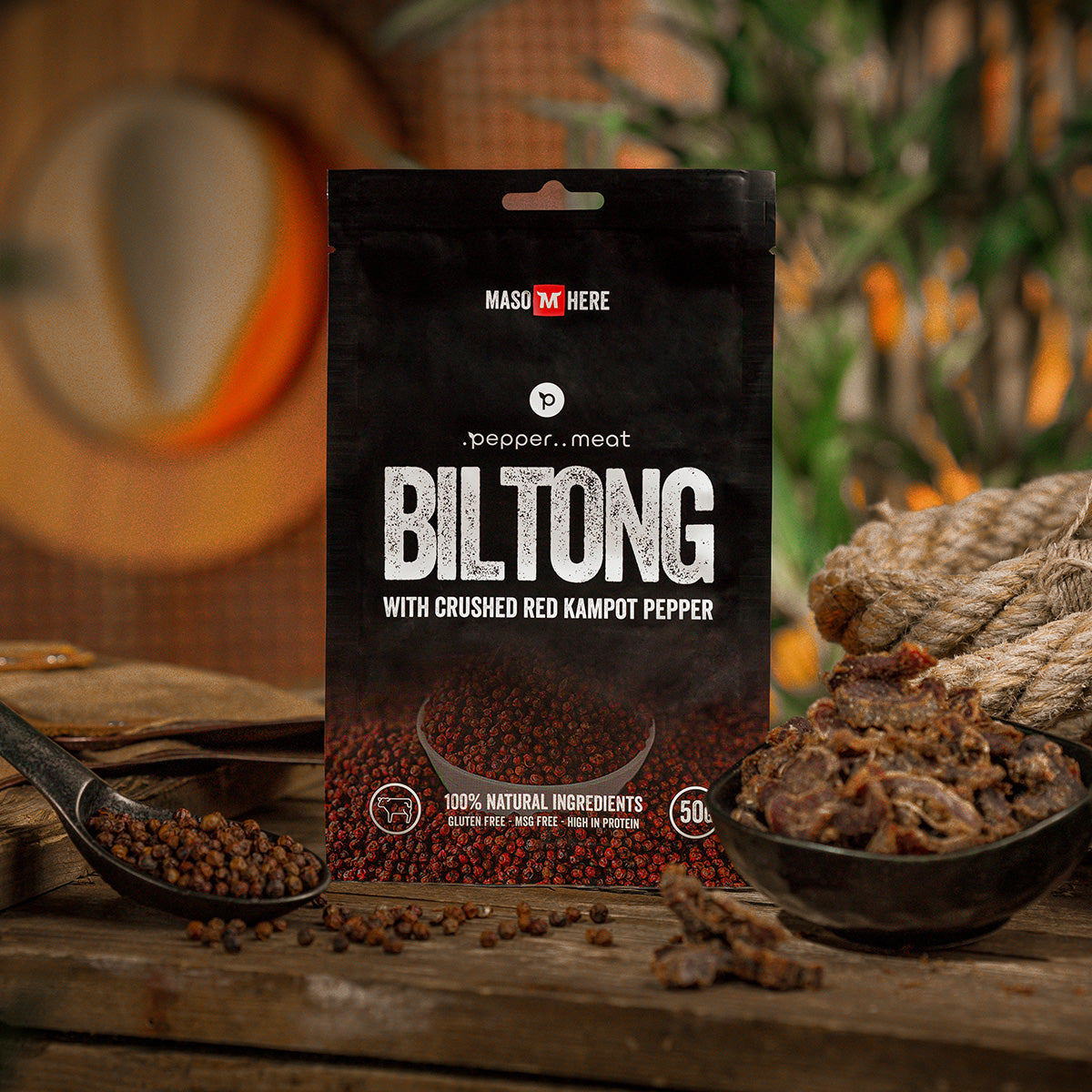 Viande séchée biltong avec poivre rouge de Kampot concassé 50 g