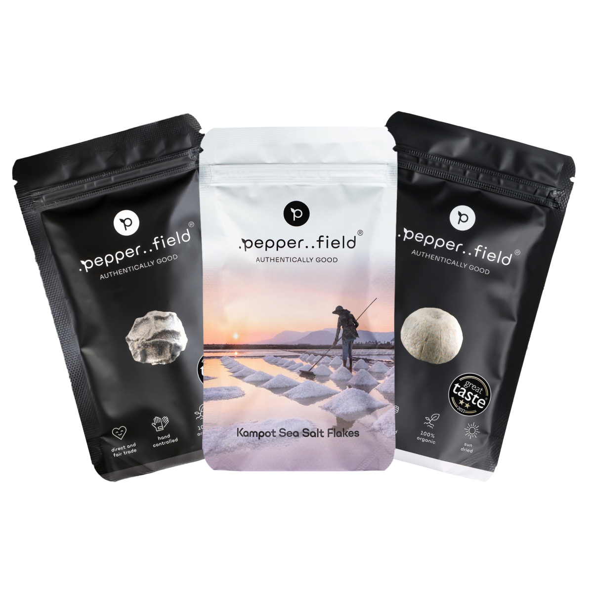 2+1: čierne a biele kampotské korenie, soľné pyramídy (Salt Flakes) 