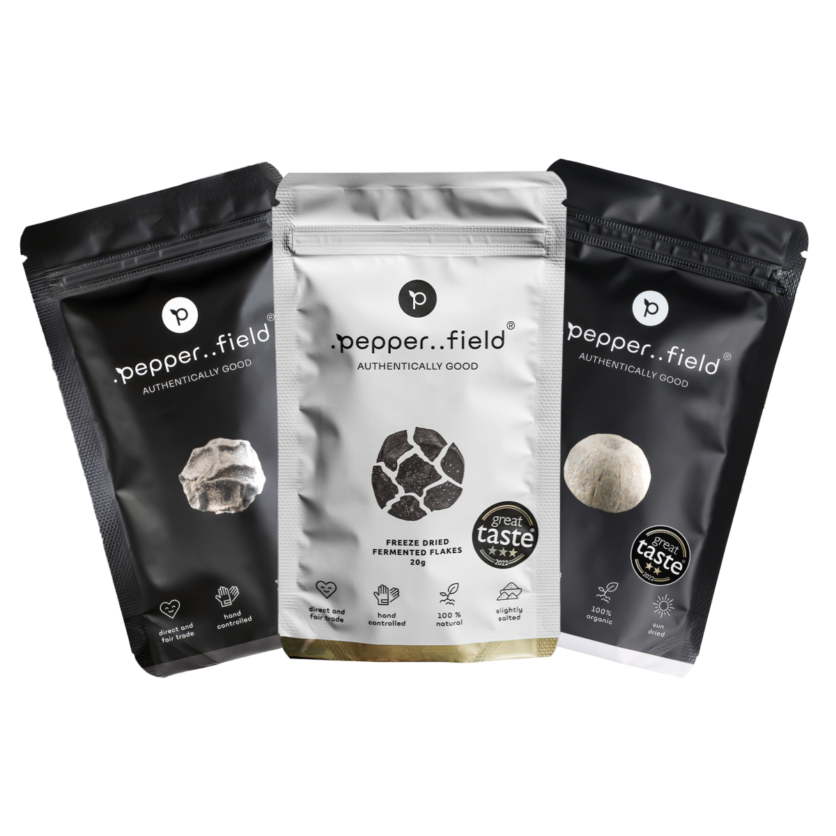 2+1: čierne a biele kampotské korenie, lyofilizované vločky fermentovaného kampotského korenia (pepper flakes) 