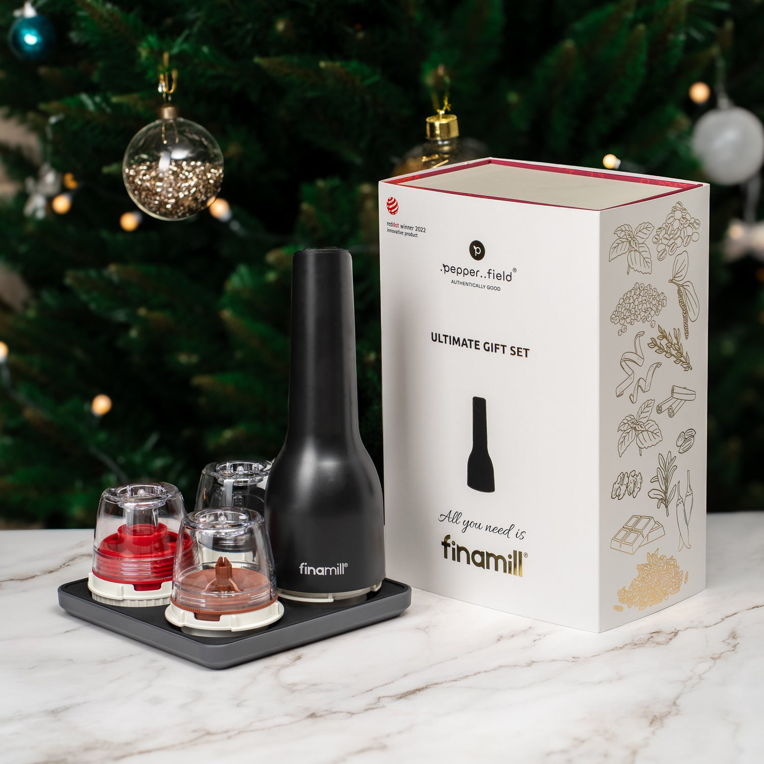 Maxi gift set FinaMill – matte black rechargeable Grinder with four containers and a stand 