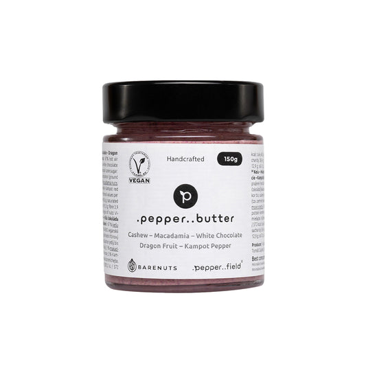 Cashew butter with macadamia nut, white chocolate, dragon fruit and Kampot pepper (150g)