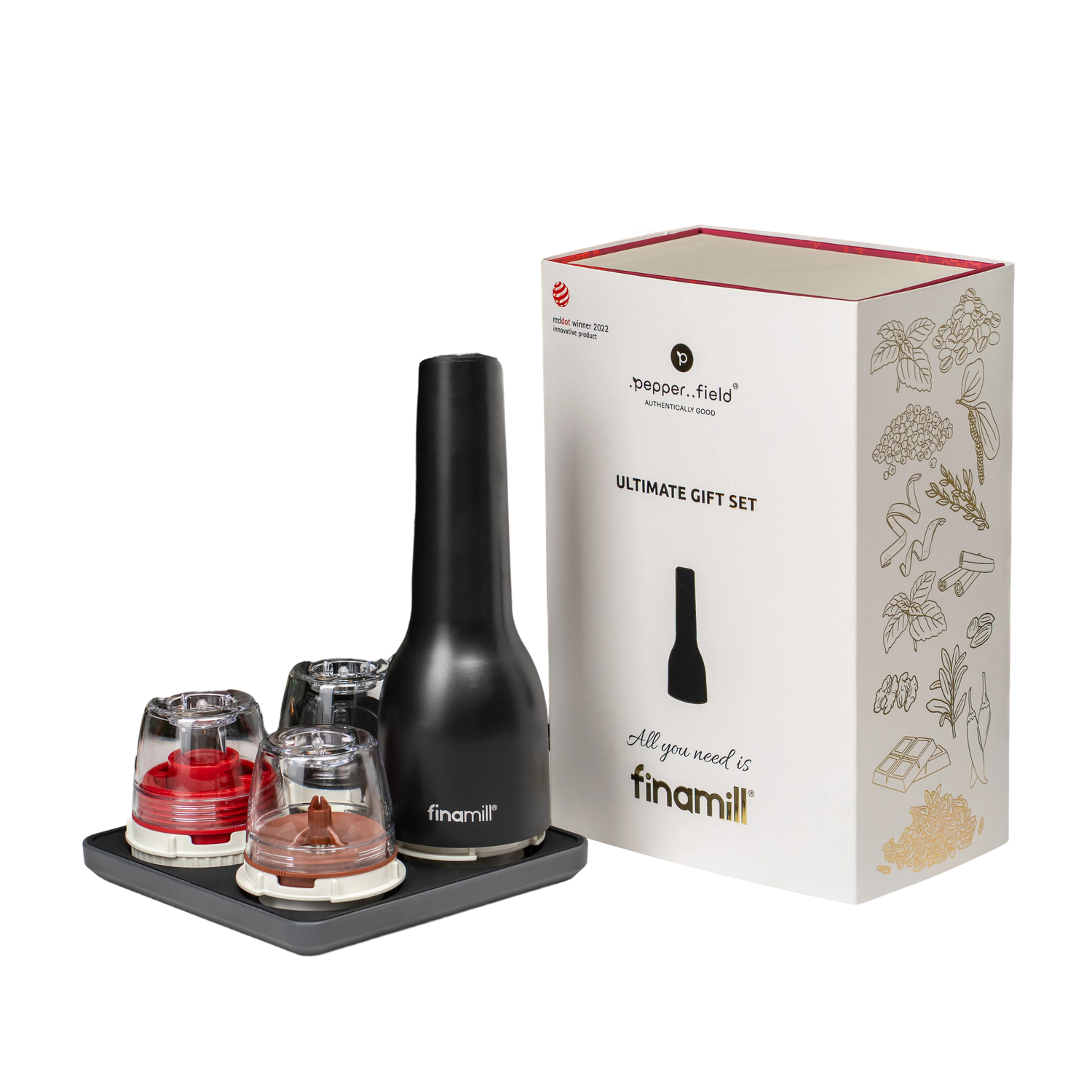 Maxi gift set FinaMill – matte black rechargeable Grinder with four containers and a stand 