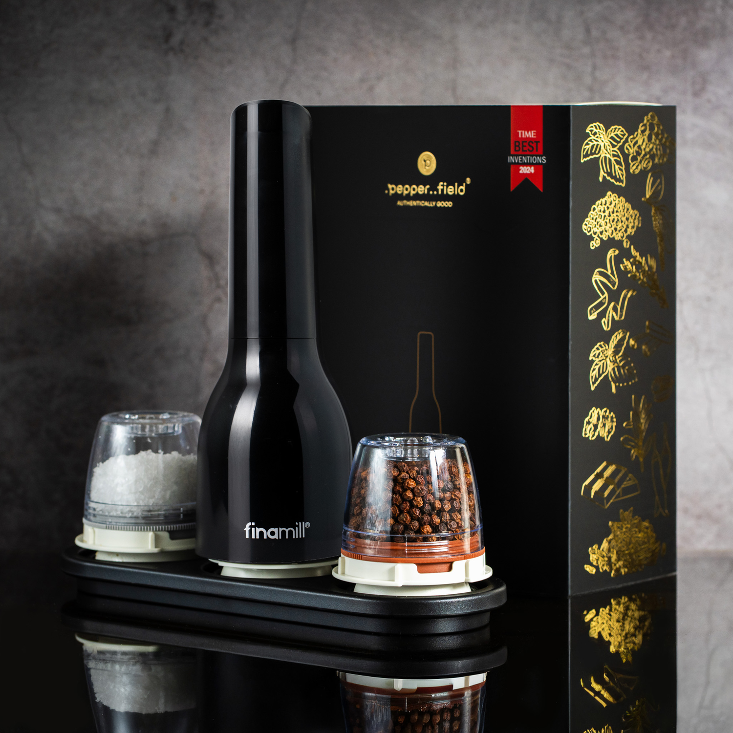 FinaMill gift set – glossy black battery-operated Grinder with two containers 