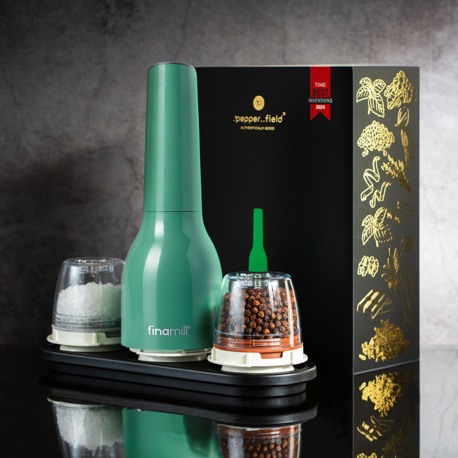 FinaMill Gift Set – shiny green battery Grinder with two containers 