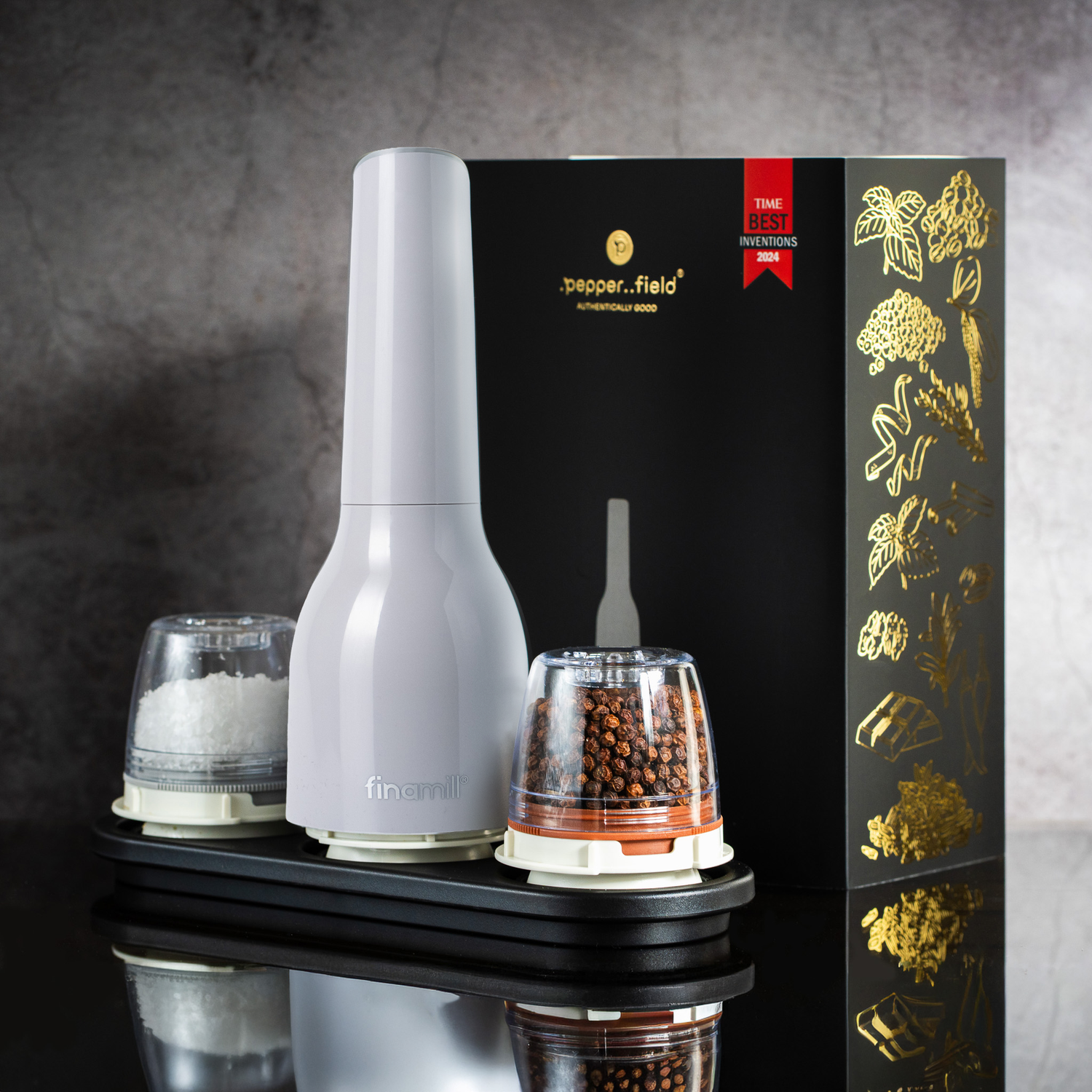 FinaMill Gift Set – shiny gray battery Grinder with two containers 