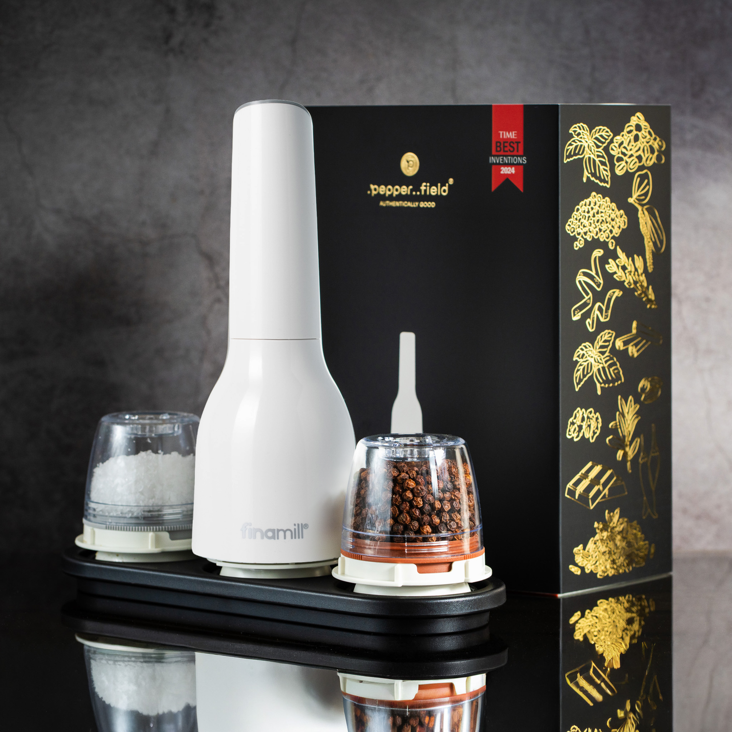 FinaMill gift set – shiny white battery Grinder with two containers 