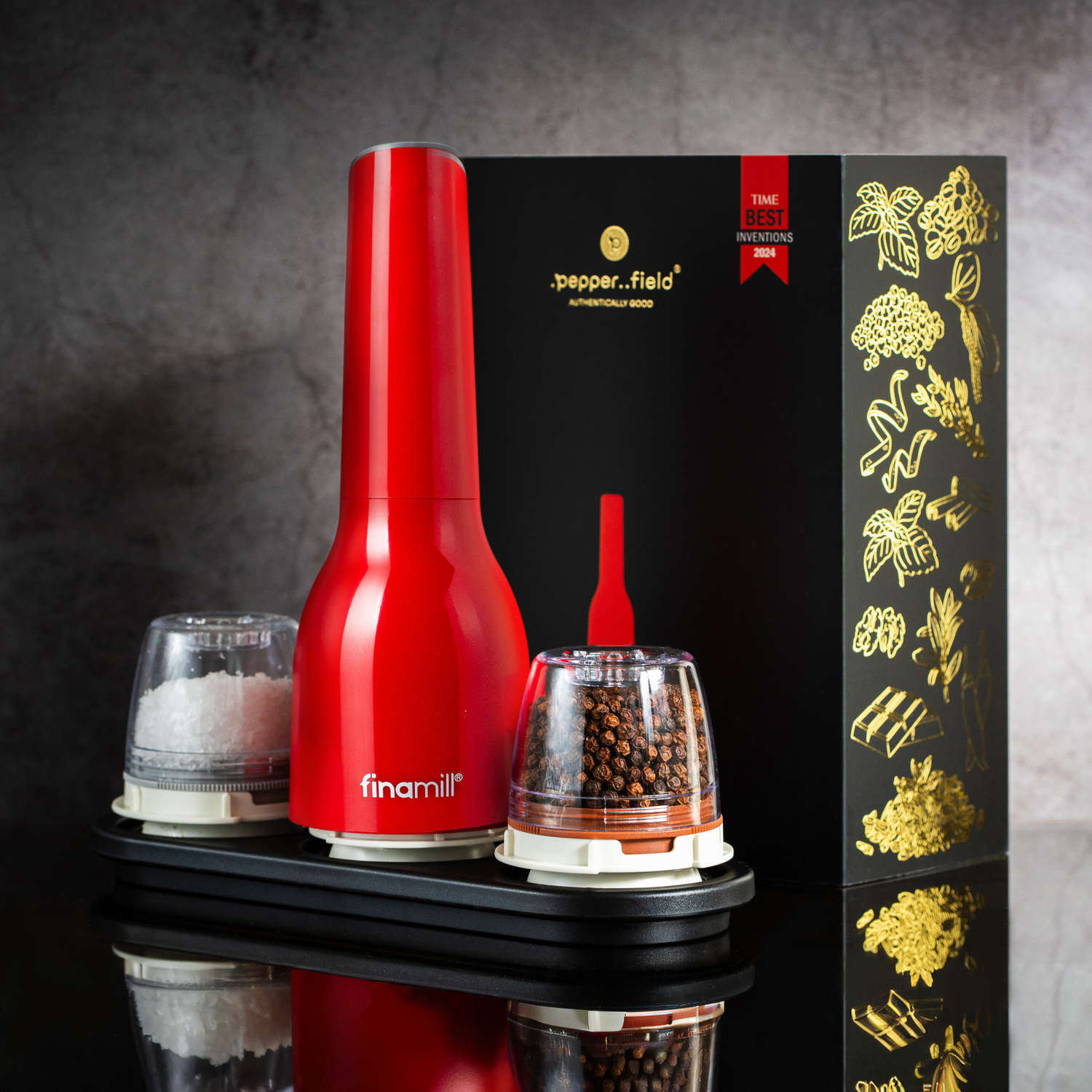 FinaMill gift set – shiny red battery Grinder with two containers 