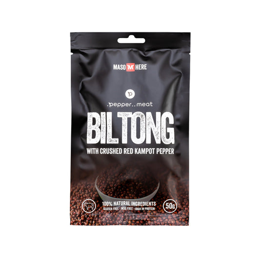 BILTONG-Trockenfleisch mit zerstoßenem rotem Kampot-Pfeffer – 50 g